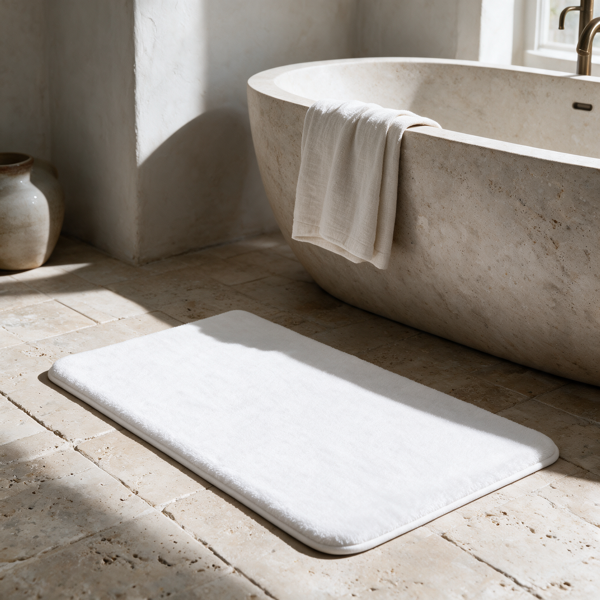 White plush bath mat on a travertine bathroom floor