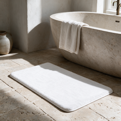 White plush bath mat on a travertine bathroom floor