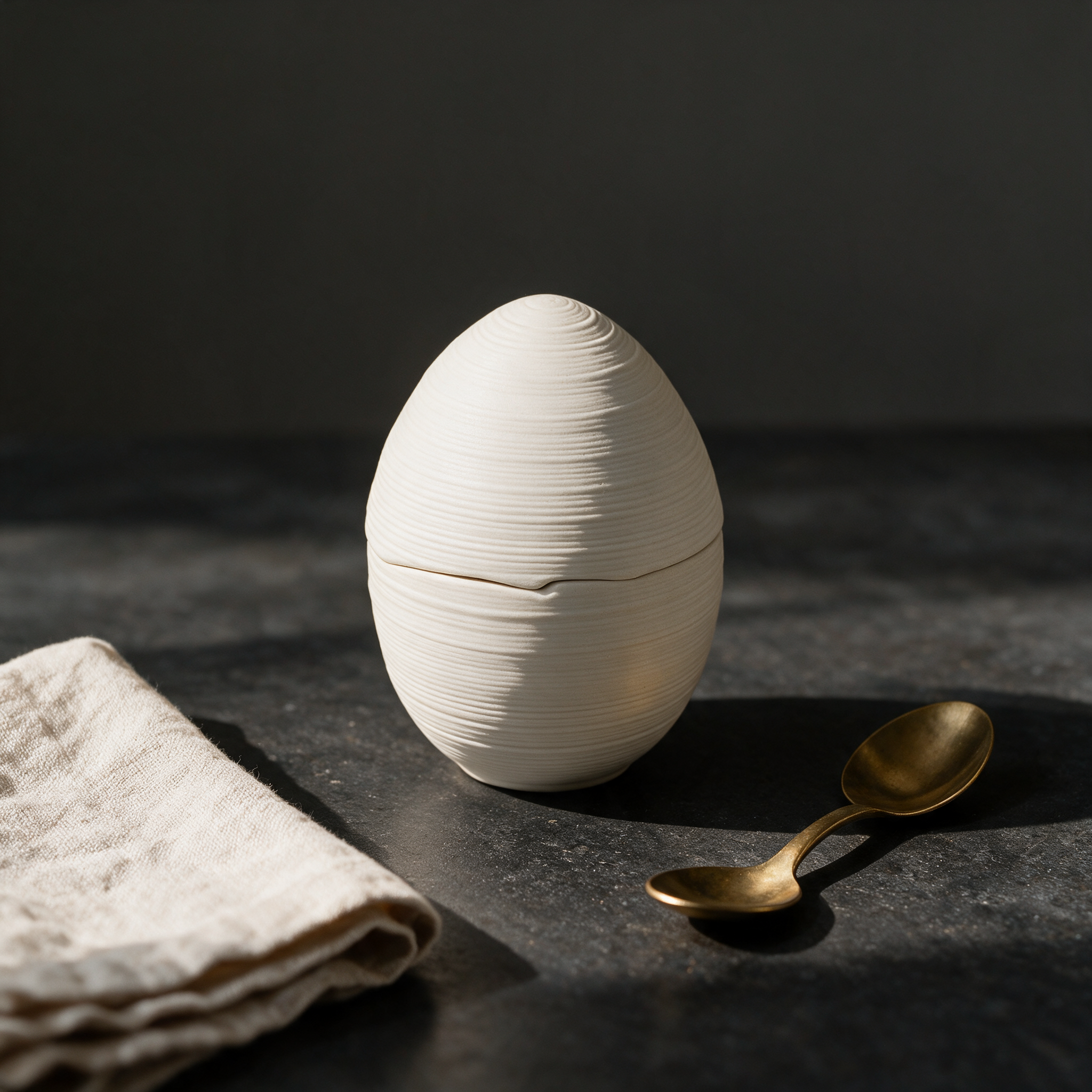Ribbed egg shaped ceramic bowl with lid on a dark stone table