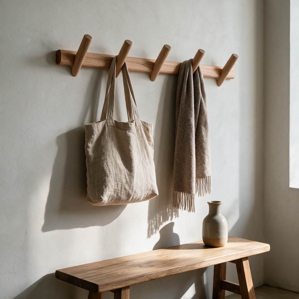 Beech five peg wall coat rack in an entryway