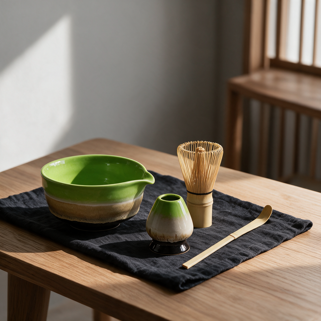 Matcha set with green ceramic bowl and bamboo whisk on linen