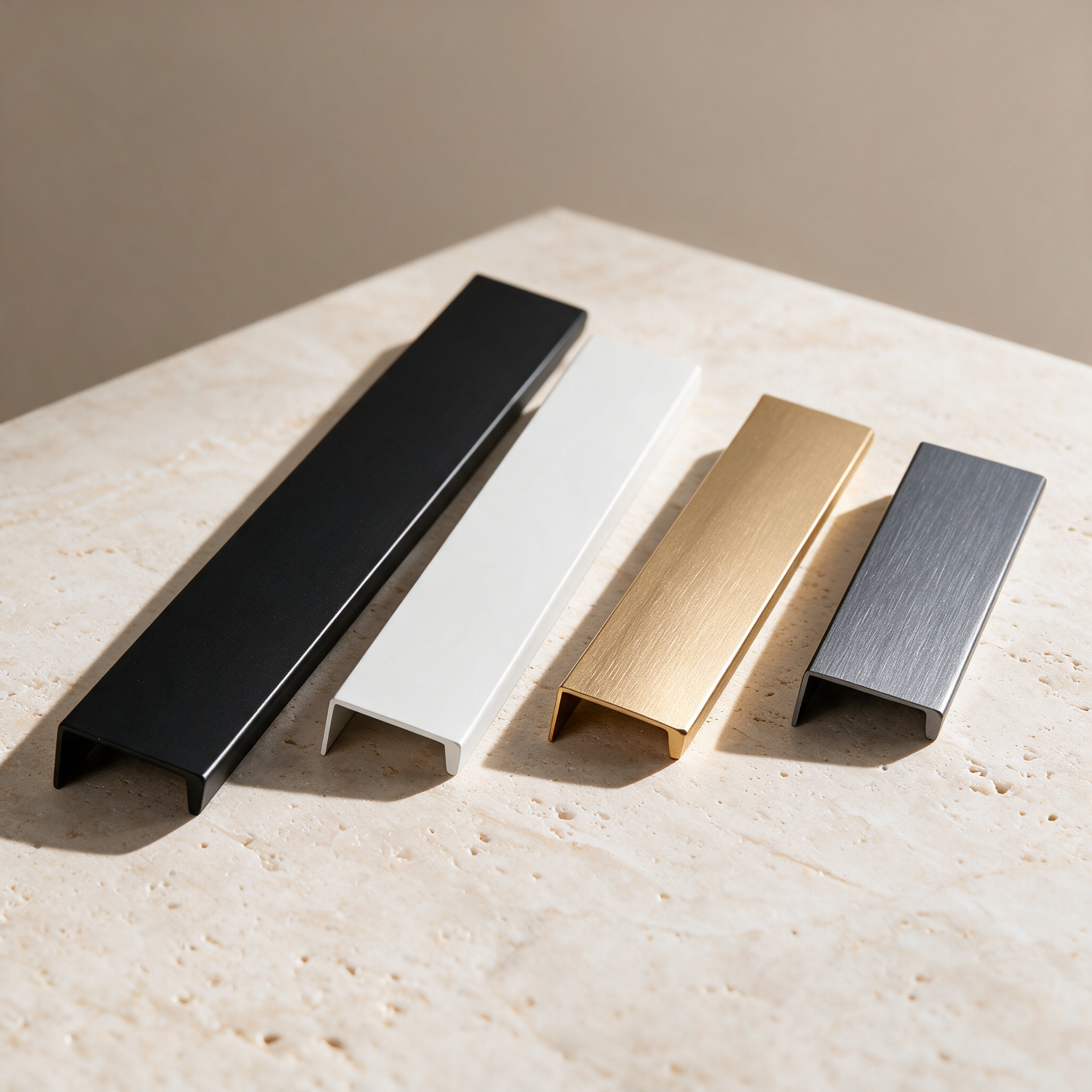 Four recessed aluminium cabinet handles in black white gold and grey