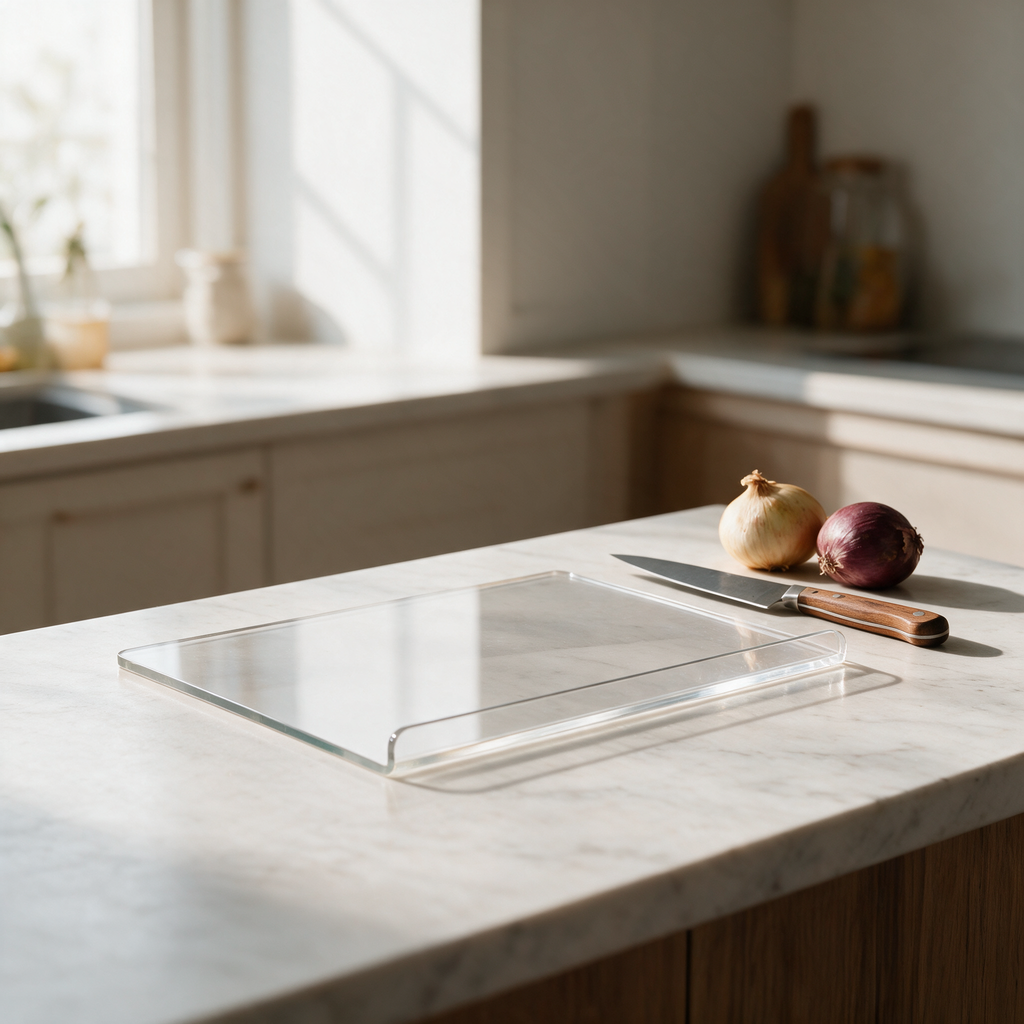 Clear acrylic chopping board with raised lip on a marble worktop