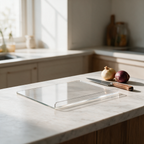 Clear acrylic chopping board with raised lip on a marble worktop