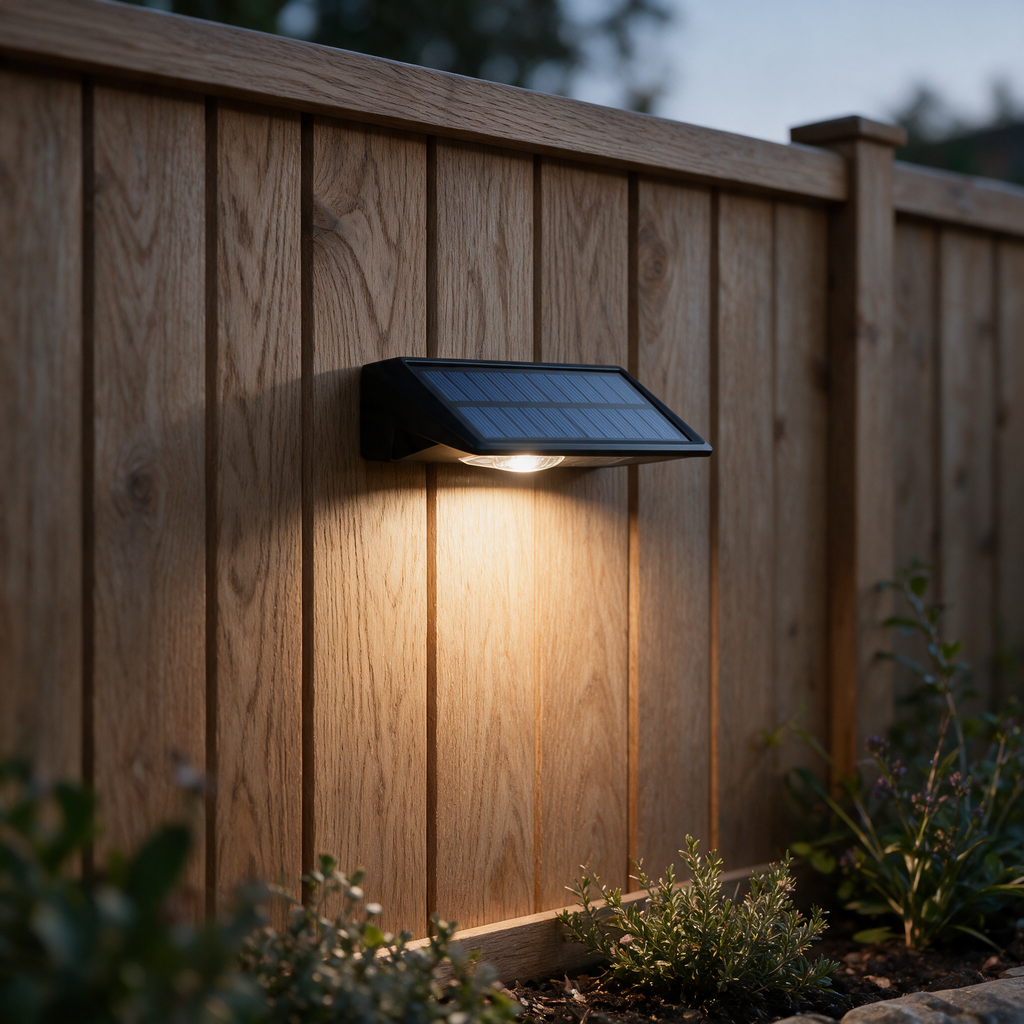 Black solar wall light mounted on a timber fence at dusk
