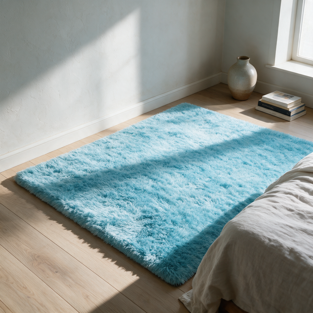 Sky blue faux fur shaggy area rug on an oak bedroom floor