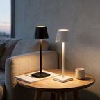 Black and white cordless rechargeable table lamps on an oak side table