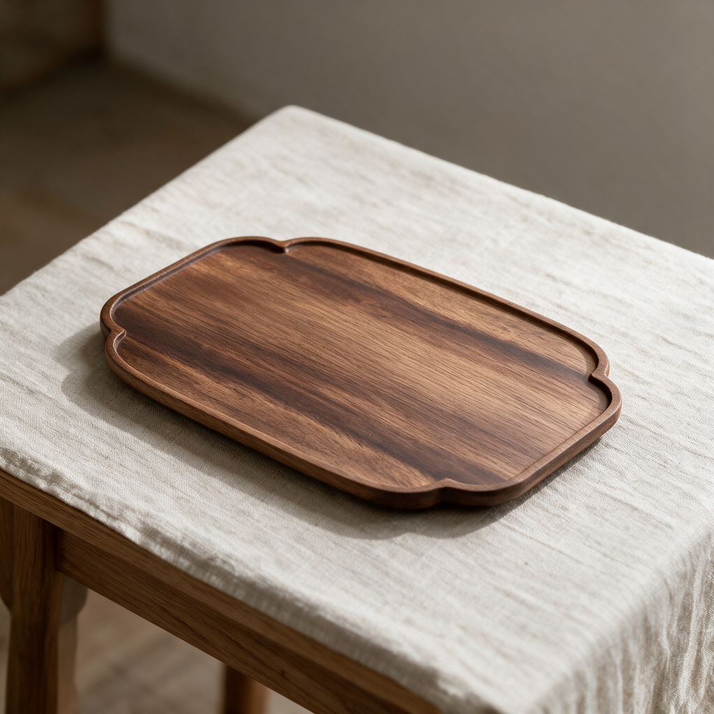 Walnut serving tray with notched edges on a linen covered table