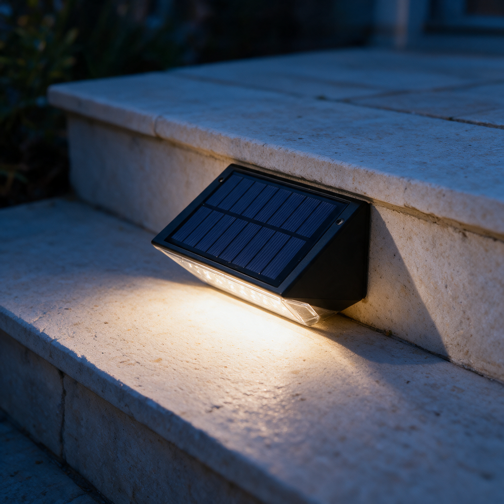 Black solar step light mounted on a stone garden step at dusk