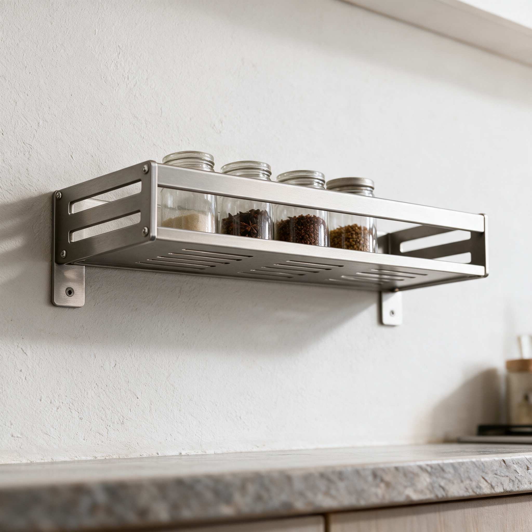 Brushed metal wall mounted spice rack holding glass jars