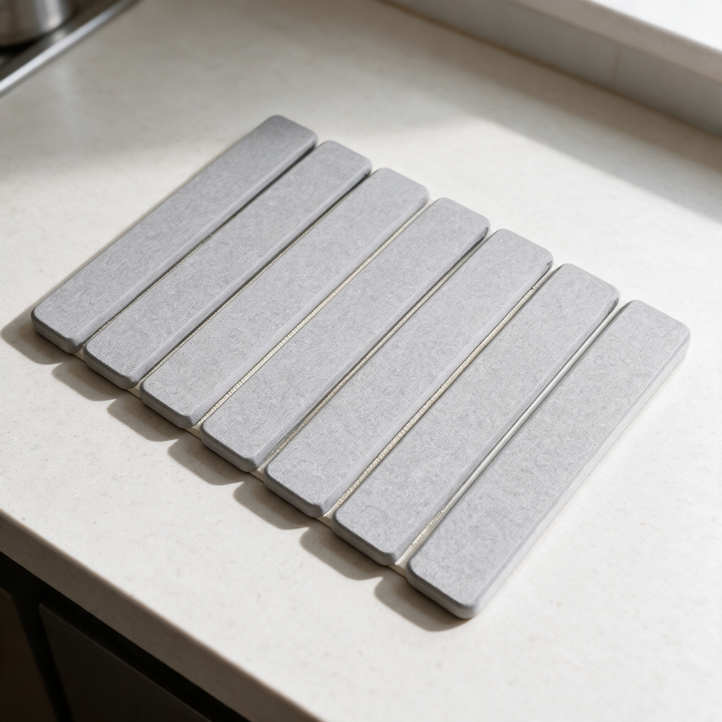 Grey slatted diatomite dish drying mat on a kitchen worktop