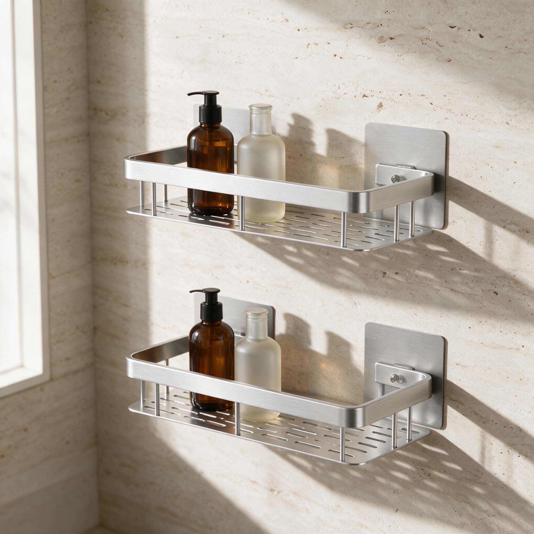 Two brushed silver wall-mounted rectangular bathroom shelves mounted one above the other