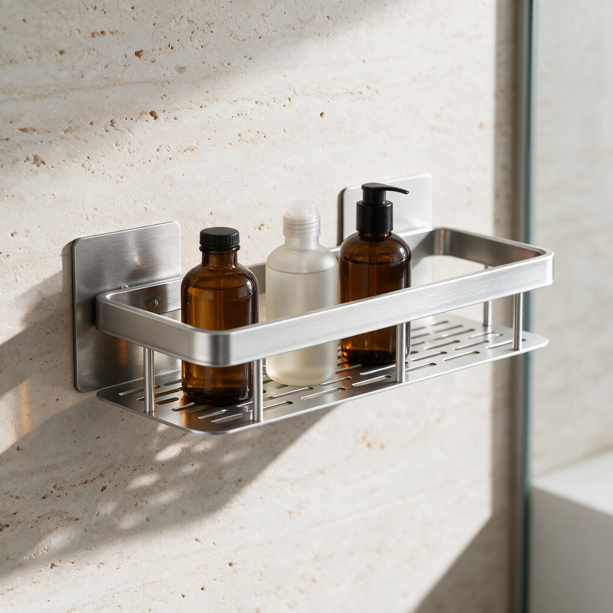 Brushed silver wall-mounted rectangular bathroom shelf holding glass bottles