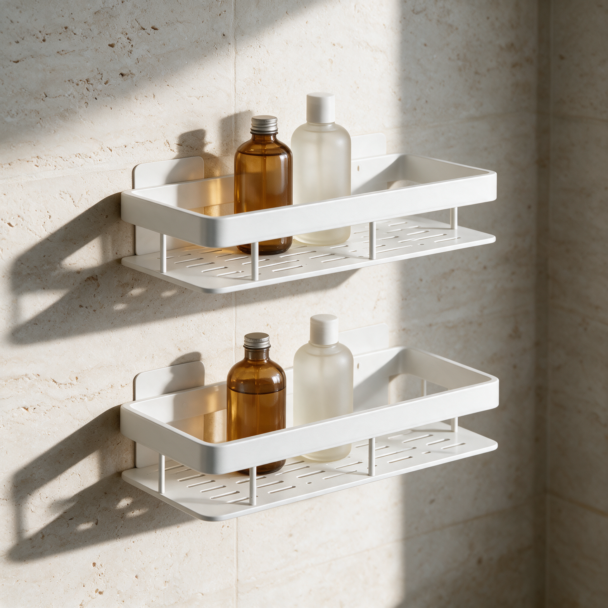 Two white wall-mounted rectangular bathroom shelves mounted one above the other