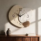 Two-tone irregular quartz wall clock above a walnut sideboard
