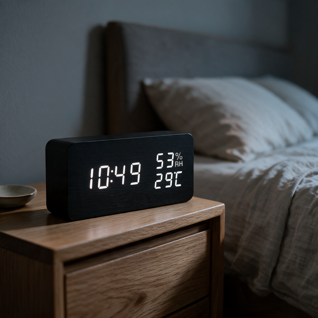 Black wood-effect LED desk clock on an oak bedside table