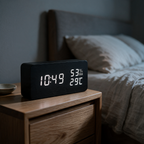 Black wood-effect LED desk clock on an oak bedside table