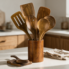Wooden cooking utensil set in its holder on a kitchen worktop