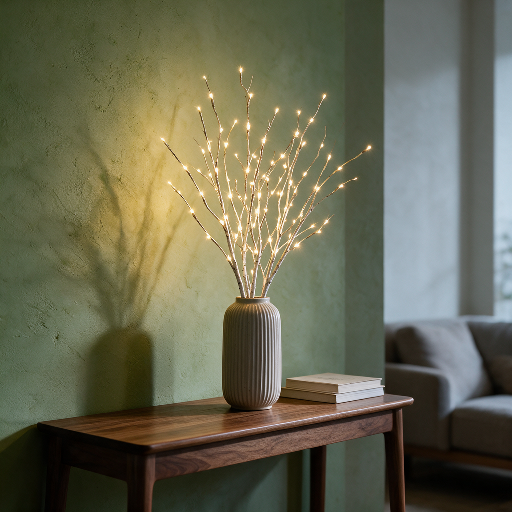 LED birch branch lights in a ceramic vase on a walnut console table