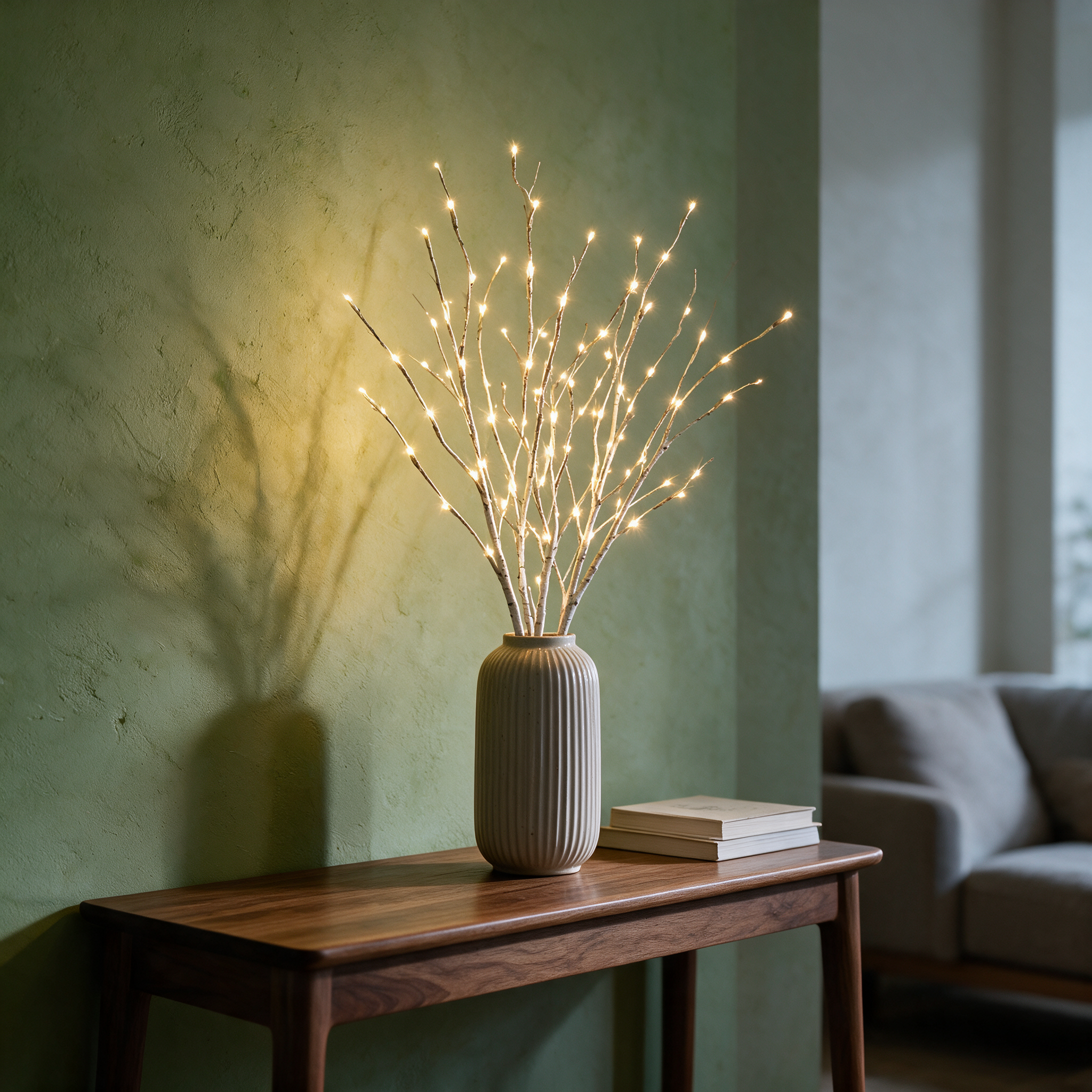 LED birch branch lights in a ceramic vase on a walnut console table