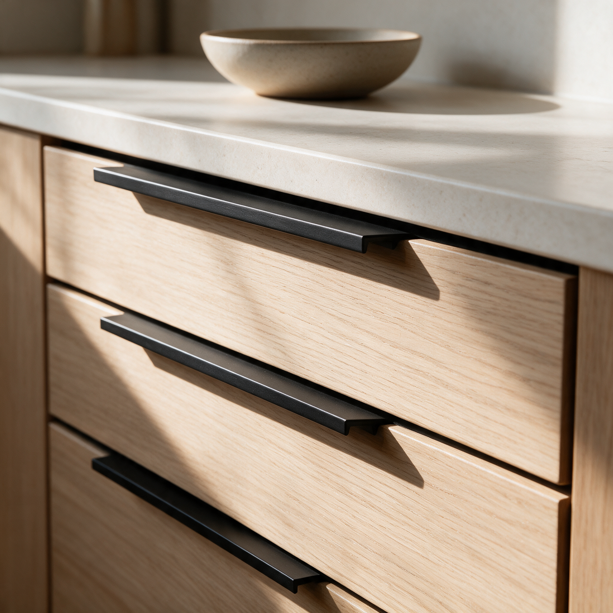 Matte black recessed aluminium handles fitted to oak kitchen drawers