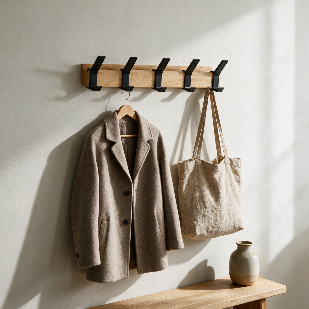 Oak wall rack with five black movable hooks holding a coat and tote bag