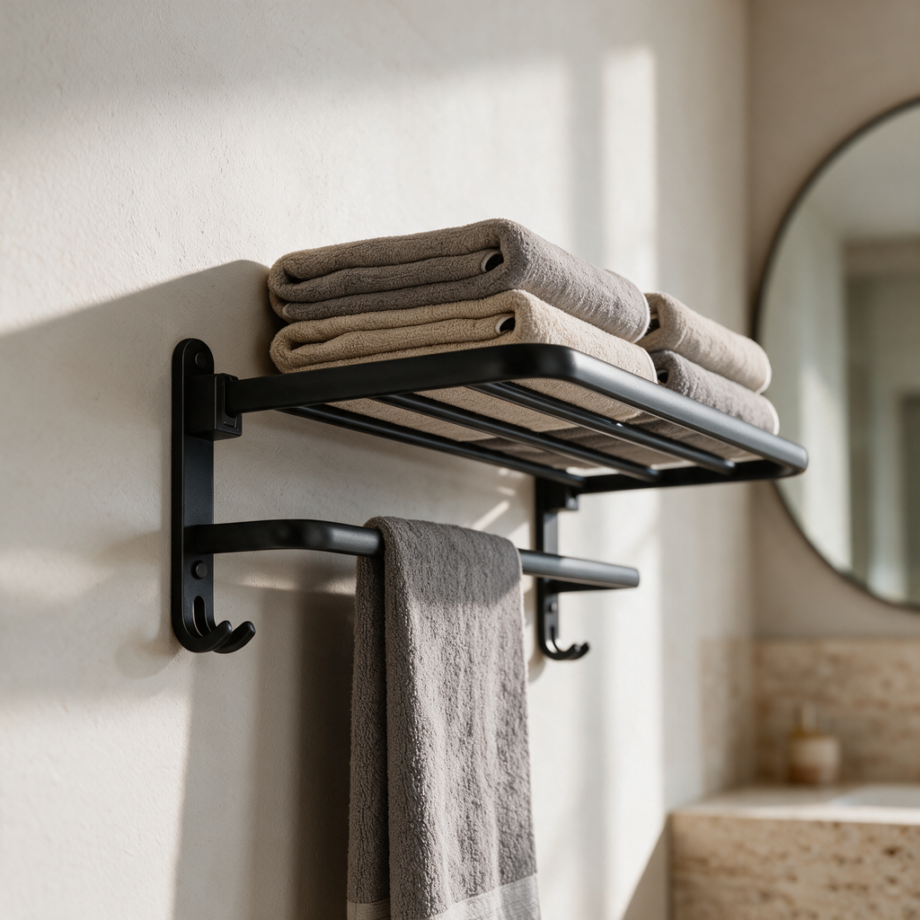 Matte black folding towel rack wall-mounted with folded towels