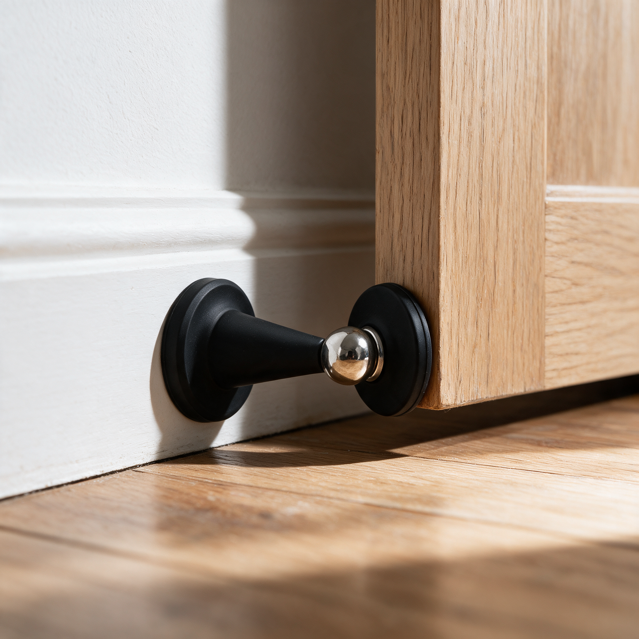 Black magnetic door stopper installed at the base of a wall and door