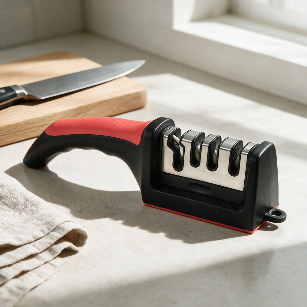 Handheld manual knife sharpener on a kitchen worktop beside a chef's knife