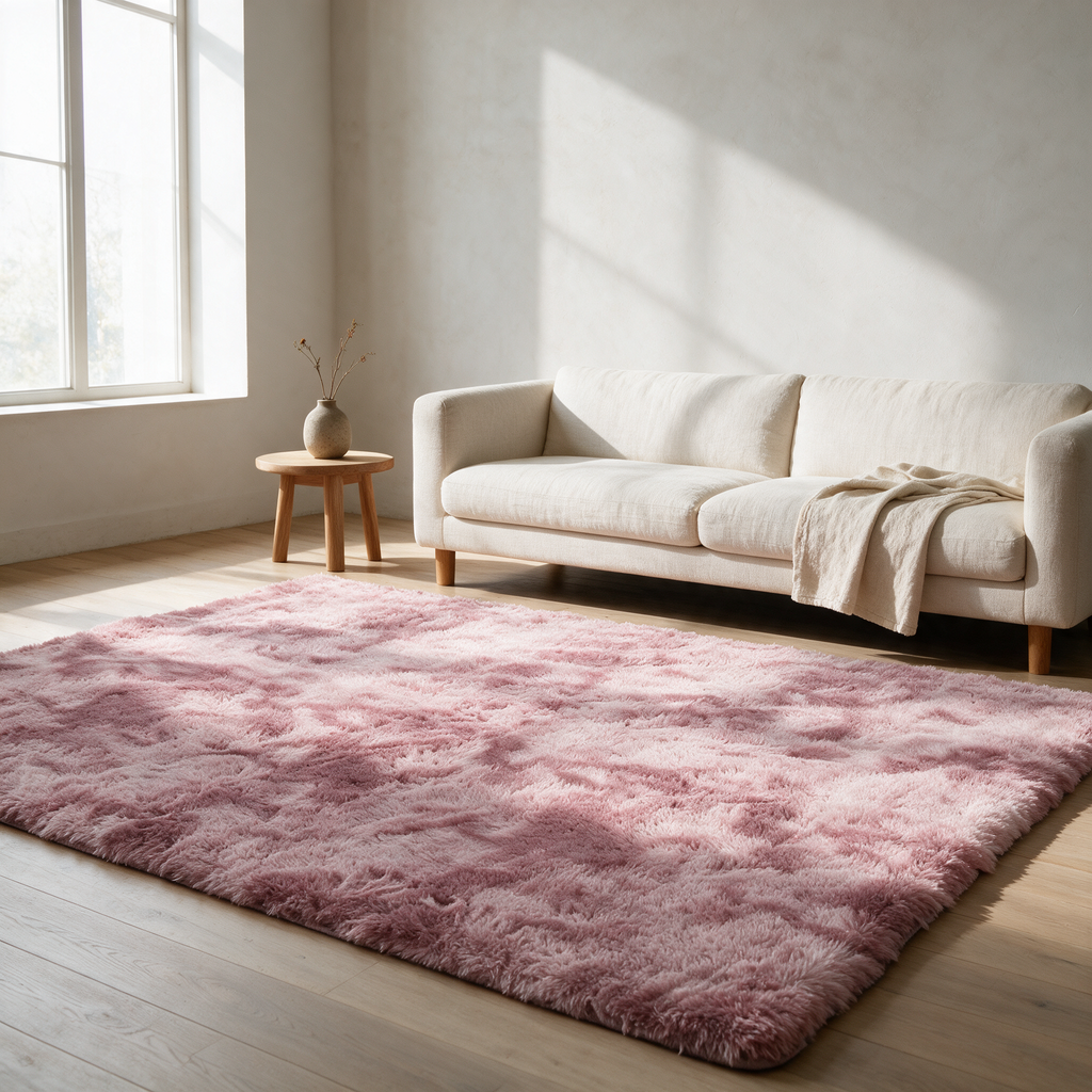Dusty pink tie-dye shaggy rug on a pale oak floor in a living room