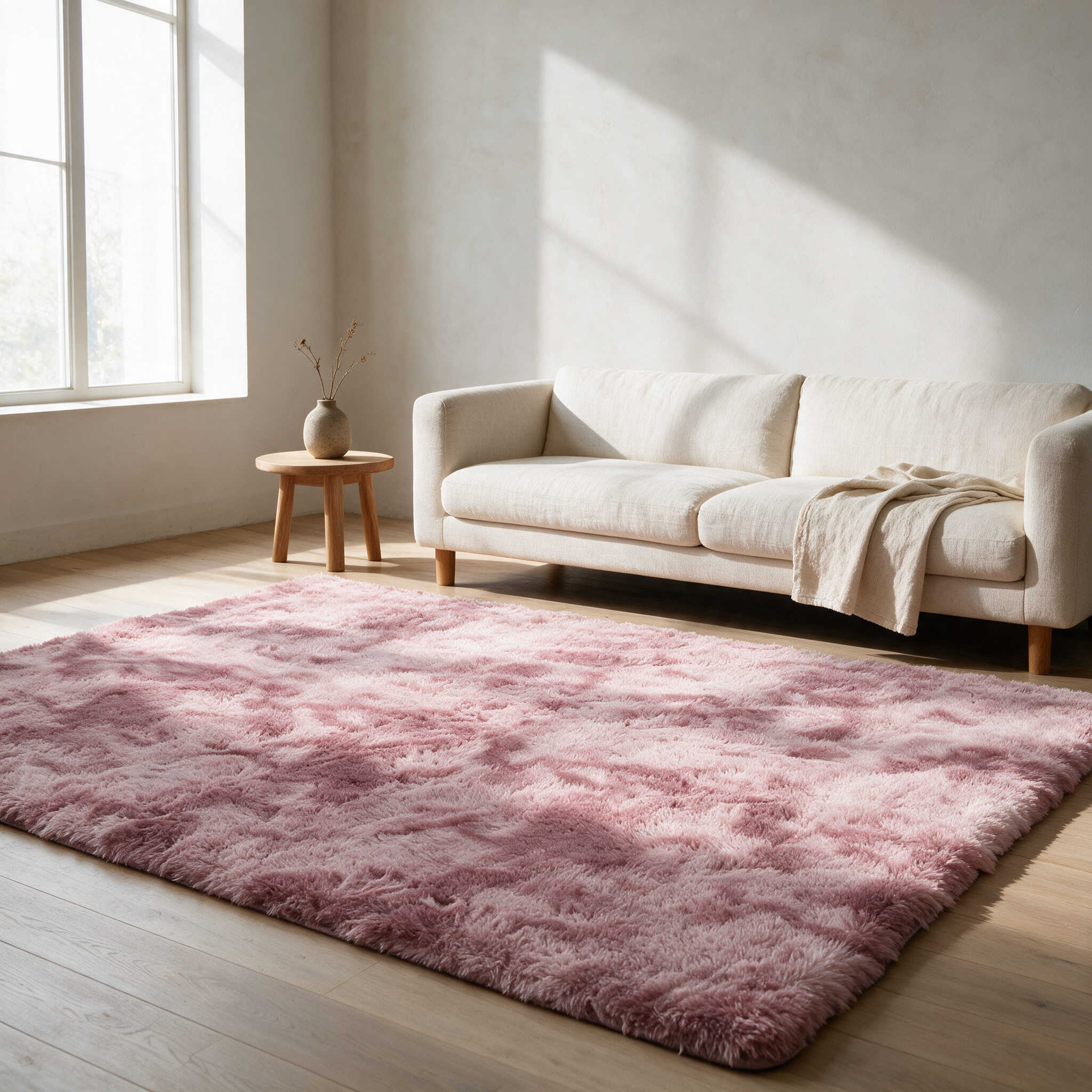 Dusty pink tie-dye shaggy rug on a pale oak floor in a living room