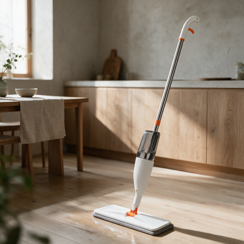 White and orange refillable spray mop standing on a pale oak kitchen floor